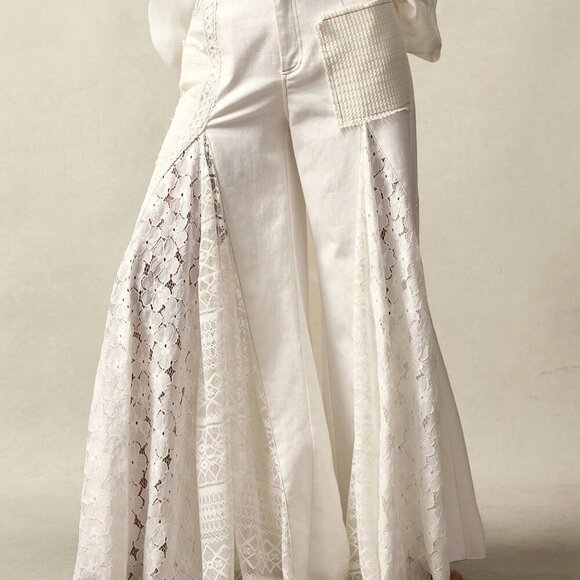 White Casual Women's Boho Bohemian Style Patchwork Mid-Waist Flare Pants - Picture 6 of 14